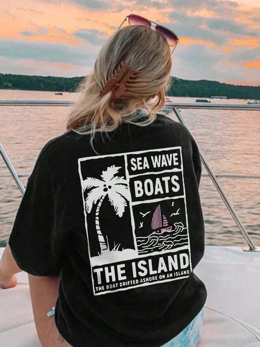 Women's Casual Short-Sleeved T-Shirt With A Round Neck, Palm Tree And Letter Print, Ideal For Summer. Versatile And Fashionable For Everyday And Vacation Style. Graphic Blouses For Women In White, Black, And Pink. - 黑色 - 查看 1