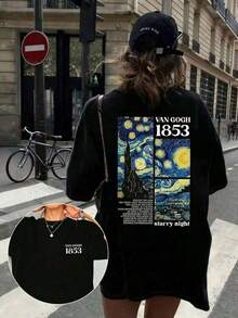 Women's Casual T-Shirt With A Print Paying Tribute To Van Gogh's "The Starry Night" Painting And The Numerical Graphic 1853, Comfortable Short-Sleeved And Round Neck For Spring/Summer, Fashionable Graphic T-Shirt For Holidays In White - 黑色 - 查看 2