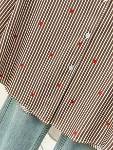 Blusa de mujer con cuello polo, estampado de corazones y rayas - Camisa casual de manga larga con botones, adecuada para uso diario en primavera, verano y otoño - Café integral - Ver 7