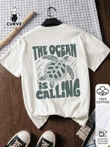 Women's Plus Size Summer Blouse, 100% Cotton, Sea Turtle Print, Short Sleeve Graphic Tee, Soft Fabric, Cotton Clothing, Outdoor Top, Printed Print, Summer T-Shirt, Summer Blouse, Vacation Outfit, Travel Style, Beach Atmosphere, Minimalist Resort Wear In White - 白色的 - 查看 2