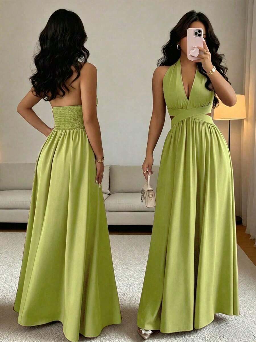 Elegante vestido sin mangas con cuello en V, diseño hueco en la cintura y pliegues, color morado, nueva llegada de primavera/verano - Verde Oliva - Ver 1