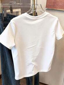 Camiseta de mujer de manga corta y cuello redondo con bordado de lentejuelas en forma de lazo, 56% algodón, estilo minimalista de moda, regalo para amigos - Blanco 4 - Ver 2