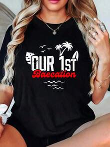 100% Cotton Couple's Holiday T-Shirts, Unisex Adult Matching Clothing, Classic Fit Black T-Shirt, Crew Neck, Tropical Short Sleeve, Our First Matching Couple's Cruise Holiday T-Shirt, Women's Sets - 黑色 - 查看 1