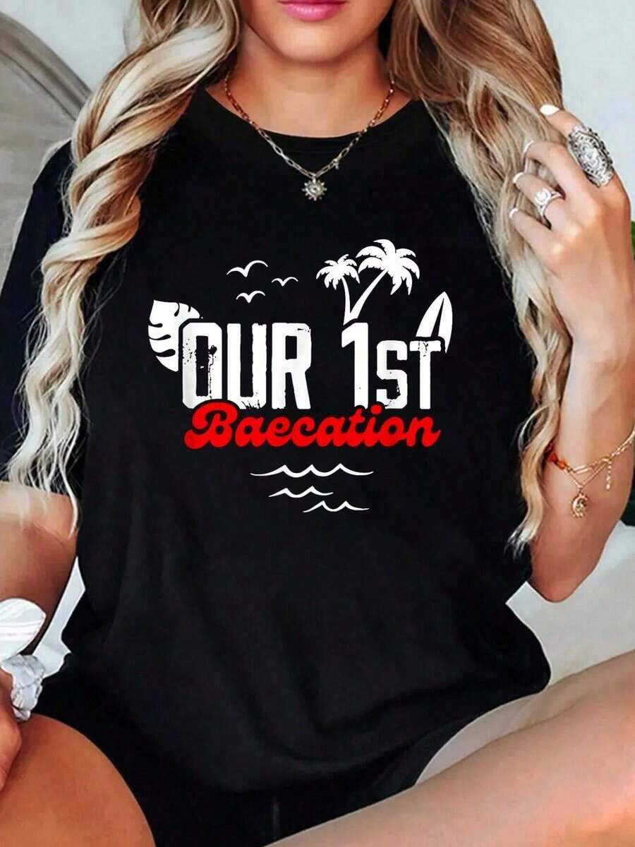 100% Cotton Couple's Holiday T-Shirts, Unisex Adult Matching Clothing, Classic Fit Black T-Shirt, Crew Neck, Tropical Short Sleeve, Our First Matching Couple's Cruise Holiday T-Shirt, Women's Sets - 黑色 - 查看 1