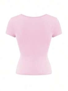 Camiseta de manga corta con cuello cuadrado de punto de unicolor, ajustada y sexy, estilo Y2K, para mujer Vaiaye, adecuada para actividades de primavera/verano y el Día de San Valentín - Rosa Pálido - Ver 4