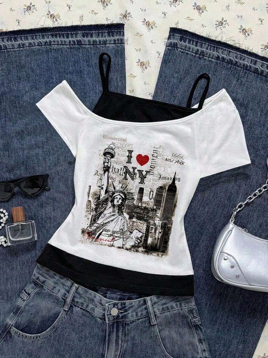 Camiseta de manga corta con estampado de gato negro asomándose en contraste de color, estilo casual y retro, adecuada para el verano - Blanco 2 - Ver 1