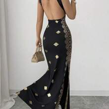 Raffinéa Women's Shiny Gold & Black Summer New Dress, Square Neck Spaghetti Strap Backless Slit Hem Fitted High Waist Dress, Suitable For Party, Wedding, Business Banquet, Daily Occasions, Gala, Wedding Party, Holiday Attire - Verde fresco - Ver 3