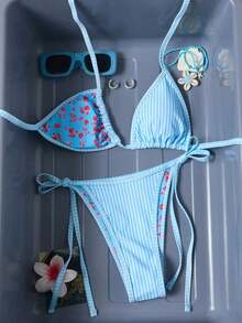 Conjunto de bikini de 2 piezas con estampado floral diminuto y escote halter para vacaciones y playa - Azul - Ver 6