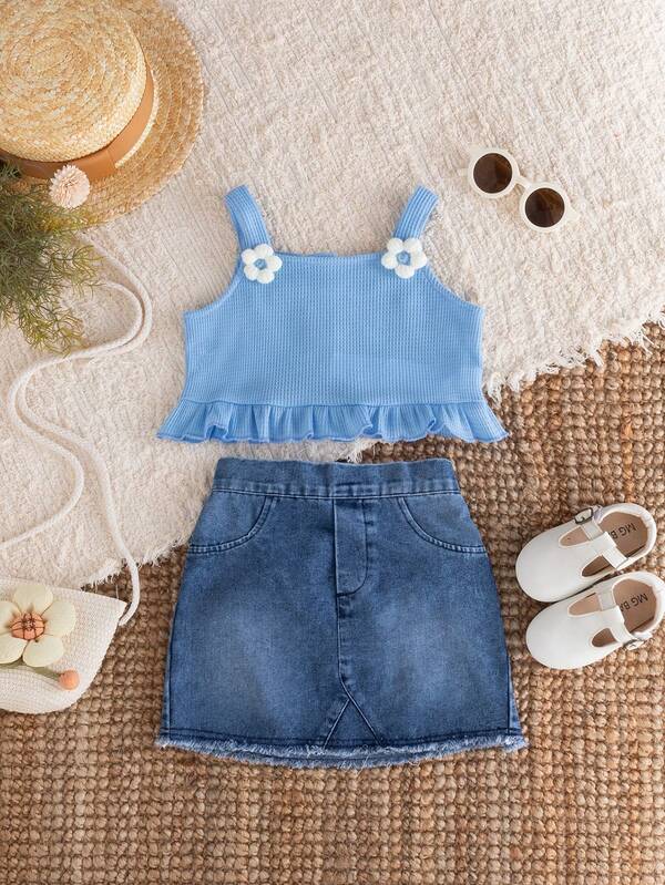 Set de 2 piezas de ropa de verano para niñas, camiseta de tirantes con estampado floral de gofre + falda mini versátil, adecuado para viajes, calle y sesiones de fotos