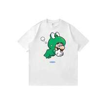 Camiseta unisex de estilo retro anime con estampado de Supers Marios y traje de baño de rana, corte holgado y estilo casual de verano. - Blanco - Ver 1