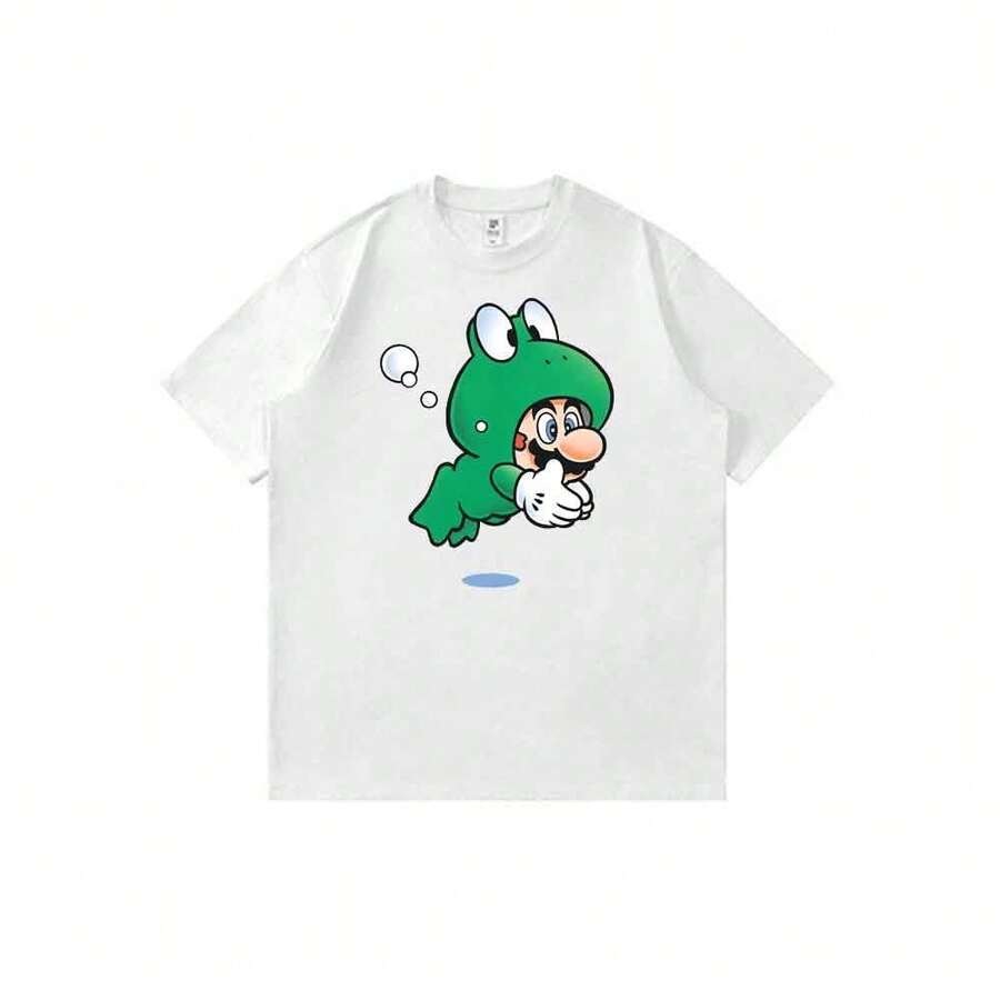 Camiseta unisex de estilo retro anime con estampado de Supers Marios y traje de baño de rana, corte holgado y estilo casual de verano. - Blanco - Ver 1