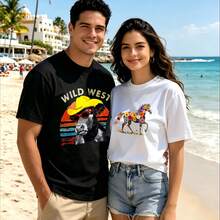 2-Piece Couple Matching Pattern T-Shirt, 100% Cotton, Loose Fit, Soft And Breathable, Casual Round Neck Short Sleeved Top King Bandana Portrait Sweet Roses Bouquet Versatile Patterns No Picky Combinations Coordinated Dating Casual Travel Simple And Cartoonish Printing Styles High Cost-Effectiveness - 黑色 - 查看 1