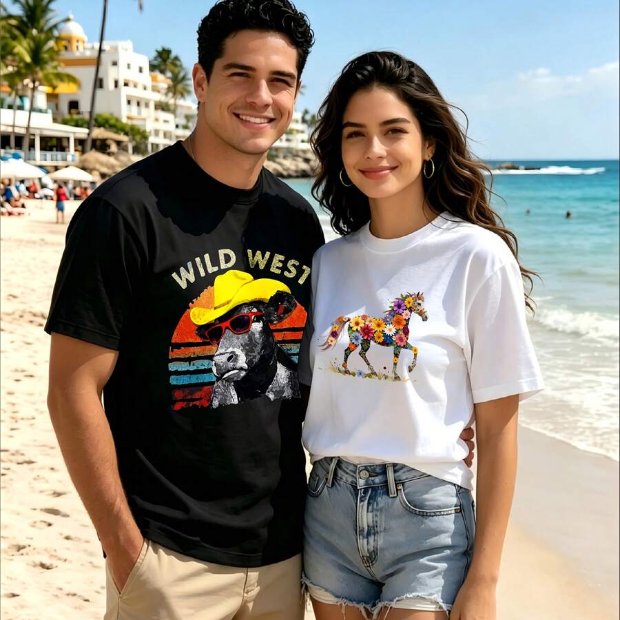 2-Piece Couple Matching Pattern T-Shirt, 100% Cotton, Loose Fit, Soft And Breathable, Casual Round Neck Short Sleeved Top King Bandana Portrait Sweet Roses Bouquet Versatile Patterns No Picky Combinations Coordinated Dating Casual Travel Simple And Cartoonish Printing Styles High Cost-Effectiveness - 黑色 - 查看 1