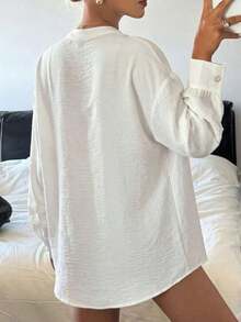 Blusa amarilla holgada con cuello redondo y plisados para mujer - Blanco - Ver 4