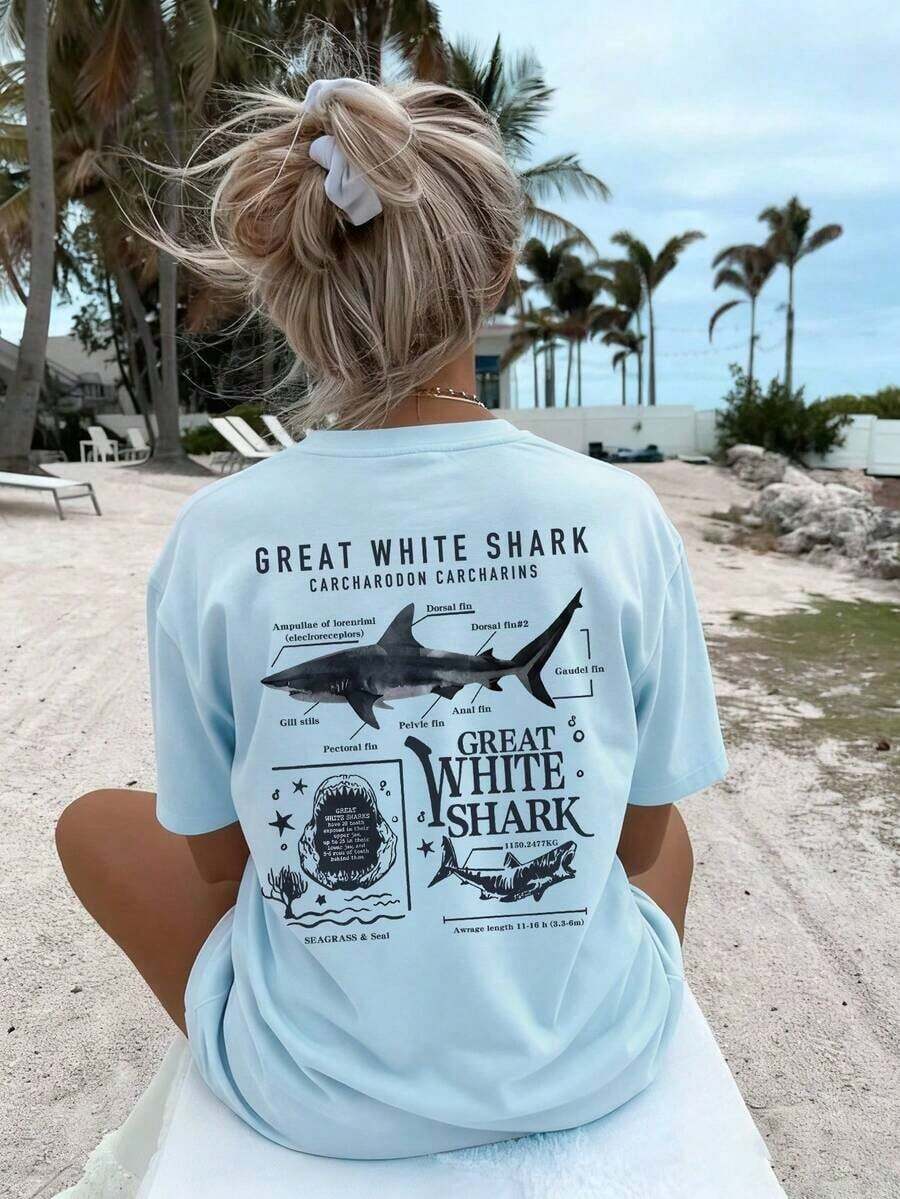 Women's Loose-Fitting Short-Sleeved T-Shirt With Whale Shark Print, Soft And Breathable, Ideal For Beach, Travel, Ocean Adventures, Music Festivals And Casual Urban Summer Wear. - 淺藍色 - 查看 1