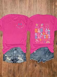 Camiseta de talla grande con estampado de letras, top casual de manga corta y cuello redondo, adecuada para verano y primavera, ropa de talla grande para mujer. - Negro - Ver 5