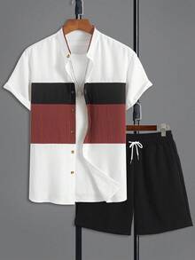 Men's Loose Casual Fashion 2-Piece Set, Short Sleeve Open Front Shirt With Drawstring Shorts, Colorblock Patchwork Style - Red - View 3
