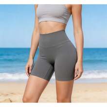 High Waist Seamless Running Biker Shorts For Women, Non-Slip Stretch Yoga Shorts Women's High Rise Seamless Fitness Biker Shorts, Soft Sculpting Yoga Workout Shorts Casual High Waist Biker Shorts For Women, Stretchy Athletic Yoga Shorts - 7143短褲-煙灰色 - 查看 1