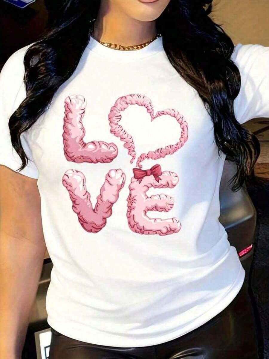 Camiseta de manga corta para mujer - Estampado geométrico Y, cuello alto, estilo casual, negra con detalles rosados, camiseta de moda lavable a máquina para todas las estaciones, camisetas para damas. - Blanco - Ver 1