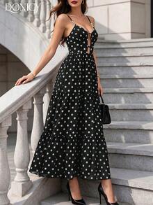 DONICY Vestido largo sin mangas con cintura calada y lunares negros para mujer, atuendo elegante para uso casual en primavera y verano - Negro - Ver 6