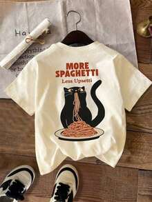Camiseta Casual Blanca de Talla Grande con Cuello Redondo, Estampada con Gráfico de Gato "Más Pasta, Menos Estrés", Verano, 100% Algodón - Albaricoque - Ver 3