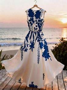 Vestido casual de mujer sin mangas con estampado de posicionamiento simple, vestido acampanado con cintura ceñida, adecuado para verano casual, vacaciones, primavera/verano, oficina, diario, fiesta, playa, graduación, uso versátil de oficina, ves - Multicolor 4 - Ver 2