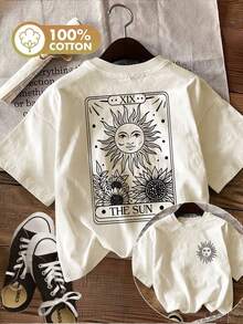 [Estampado a doble cara]Camiseta casual de verano para mujer, estilo pintado a mano, estampado de sol, girasol, XIX THE SUN, cuello redondo, camiseta de manga corta de algodón puro - Estilo vintage urbano, unisex, holgada, de algodón, con cuello redondo, blusas para mujer. blusas.blusas casuales para dama. - Albaricoque - Ver 1