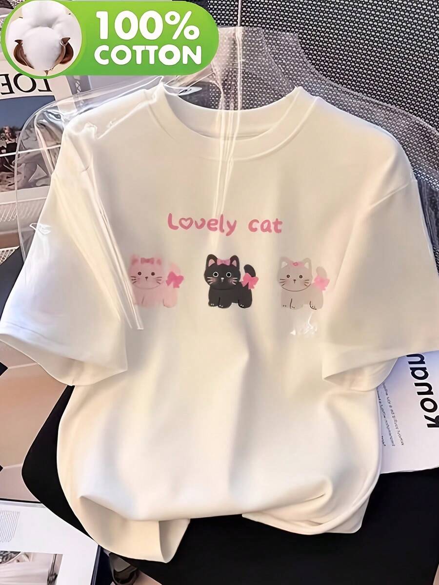 Women's 100% Pink T-Shirt With Kitten Print - Casual Short Sleeve Ribbed Crew Neck Blouse, Loose Fit For Casual Wear And Pajamas - Comfortable Women's T-Shirt Suitable For Everyday Wear And Pajamas - 白色 - 查看 1