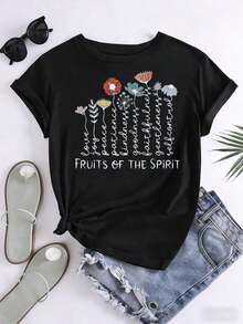 Women's Casual "Fruits Of The Spirit" T-Shirt, Christian Graphic Tee With Flowers, Love, Joy, Peace, Patience, Kindness, Faithfulness, Gentleness, Self-Control, Motivational T-Shirt, 220g, 100% Cotton, Durable - 黑色 - 查看 3