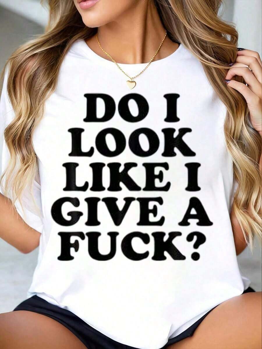 Women's Modern Minimalist Crew Neck T-Shirt With "Do I Look Like I Care?" Print, Short Sleeve Casual Summer Shirt For Everyday Wear - 白色 - 查看 1