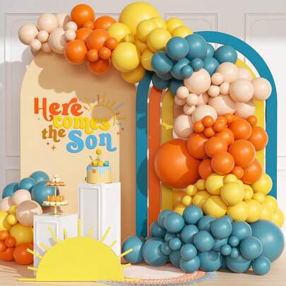 96pcs "Here Comes The Sun" Balloon Arch Kit, Boho Vintage Gray, Aqua, Burnt Orange, Mustard Yellow Balloons, Suitable For Boys, Girls, Kids Birthday, Baby Shower Decor