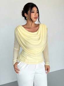 Blusa sexy de manga larga con cuello en V profundo y malla transparente ajustada para mujer de talla grande, adecuada para el Día de San Valentín, conciertos, actuaciones, citas, cenas formales, bailes de graduación, bodas, estilo sexy y elegante, para ir al trabajo, de vuelta a la escuela, vacaciones, playa, romántica, estilo sirena, fiestas de cumpleaños - Amarillo - Ver 7