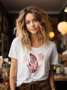 Camiseta de manga corta con estampado gráfico de moda para mujer, camiseta con estampado tropical bohemio, camiseta de cuello redondo estilo vintage, top casual para primavera y verano, top de manga corta cómodo, suave y sencillo para uso diario. - Blanco - Ver 4