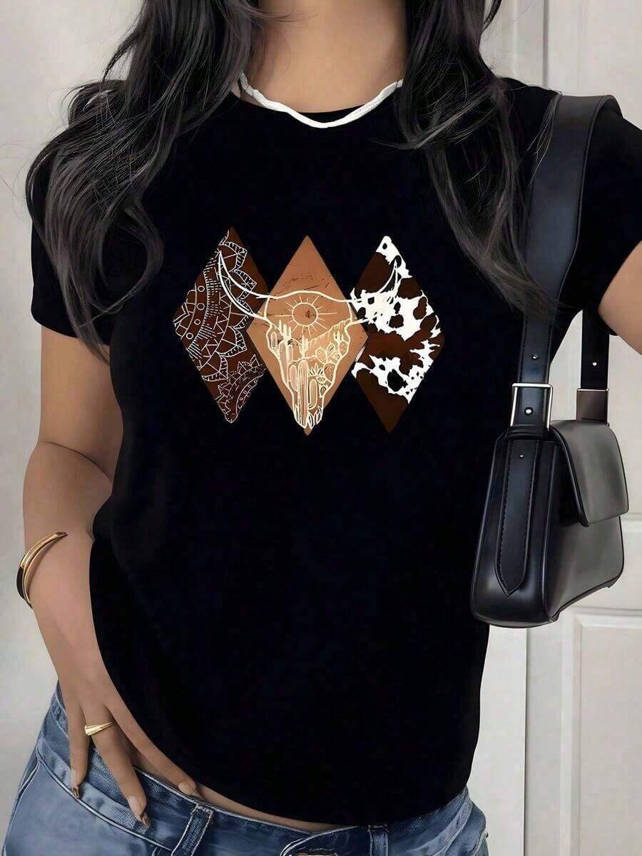 Comfortable Women's Western Desert Cow Skull Graphic Print T-Shirt, 1 Piece, Southeastern Boho Style, Casual, 100% Cotton, Vintage Style. Mexican Folk Art Bird And Flower T-Shirt | Mexican Bohemian Style | 100% Soft Cotton | Folk Art Design And Embroidery | Perfect For Vacation, Beach, And Parties. Loose Versatile Short Sleeve T-Shirt For Women - 黑色 - 查看 1