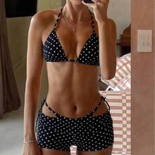 Nuevo conjunto de bikini de tres piezas para mujer, sexy, con tiras de lunares, negro, con cordones, para la playa en verano. - Blanco - Ver 3