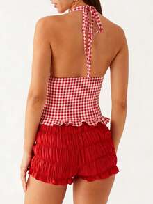 Women's Sexy Polka Dot Halter Top Backless Tie Back Vest Ruched Ruffle Hem Going Out Tops - Color caoba - Ver 3