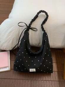 Spring New Fresh Floral Pleated Large Capacity Shoulder Bag, Korean Casual Tote Bag For Women - Black - View 2