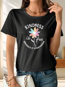 Women's Fun "Kindness Freedom" T-Shirt With Colorful Floral Print, Short Sleeves, Made Of Soft And Breathable Polyester Fiber, With Medium Elasticity, Machine Washable, Perfect For Summer Fashion, Women's Clothing, New Style, A Must-Have Garment For Spring And Summer. - Black - View 7
