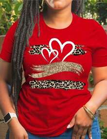 short sleevesCamiseta de Mujer Roja con Estampado de Leopardo y Corazón Brillante, Manga Corta y Cuello Redondo para Verano y Primavera, Tejido de Punto de Poliéster, Diseño Audaz y ElegantLeisure - Rojo - Ver 1
