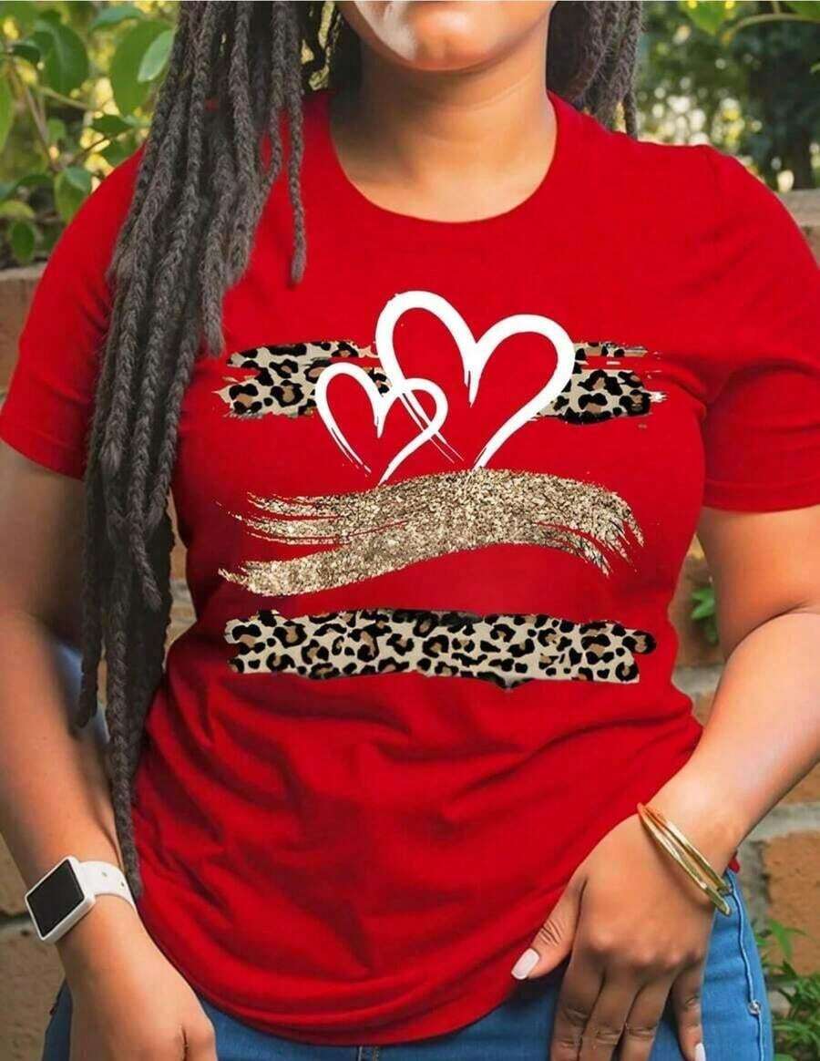 short sleevesCamiseta de Mujer Roja con Estampado de Leopardo y Corazón Brillante, Manga Corta y Cuello Redondo para Verano y Primavera, Tejido de Punto de Poliéster, Diseño Audaz y ElegantLeisure - Rojo - Ver 1