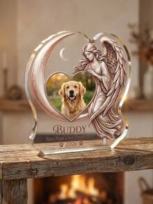 1 pieza Decoración conmemorativa de mascota personalizada de acrílico, placa conmemorativa de mascota personalizada con foto y texto personalizables, decoración conmemorativa de nombre y fecha de mascota personalizable. Adopta diseño plano 2D de ángel abrazando la luna, artesanía en relieve degradado dorado rosa y marco con forma de corazón. - Ángel 1 - Ver 10