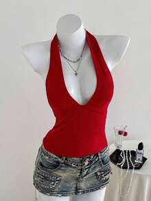 Top de tanque de vacaciones sin espalda de unicolor con cuello en V para mujeres, se puede usar como un collar colgante - Rojo - Ver 8