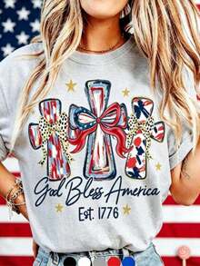 Graphic Tees For The Celebration Of America's 250th Anniversary, Crew Neck T-Shirt, T-Shirt With The Phrase "God Bless America", Gift T-Shirt For The 250th Anniversary Of The USA, Unisex T-Shirt For Independence Day, July 4th, Casual Style, Crew Neck, Regular Fit, 100% Cotton, T-Shirt With 1776 Design, Commemorative T-Shirt For Patriotic Independence Day. - 灰色 - 查看 3