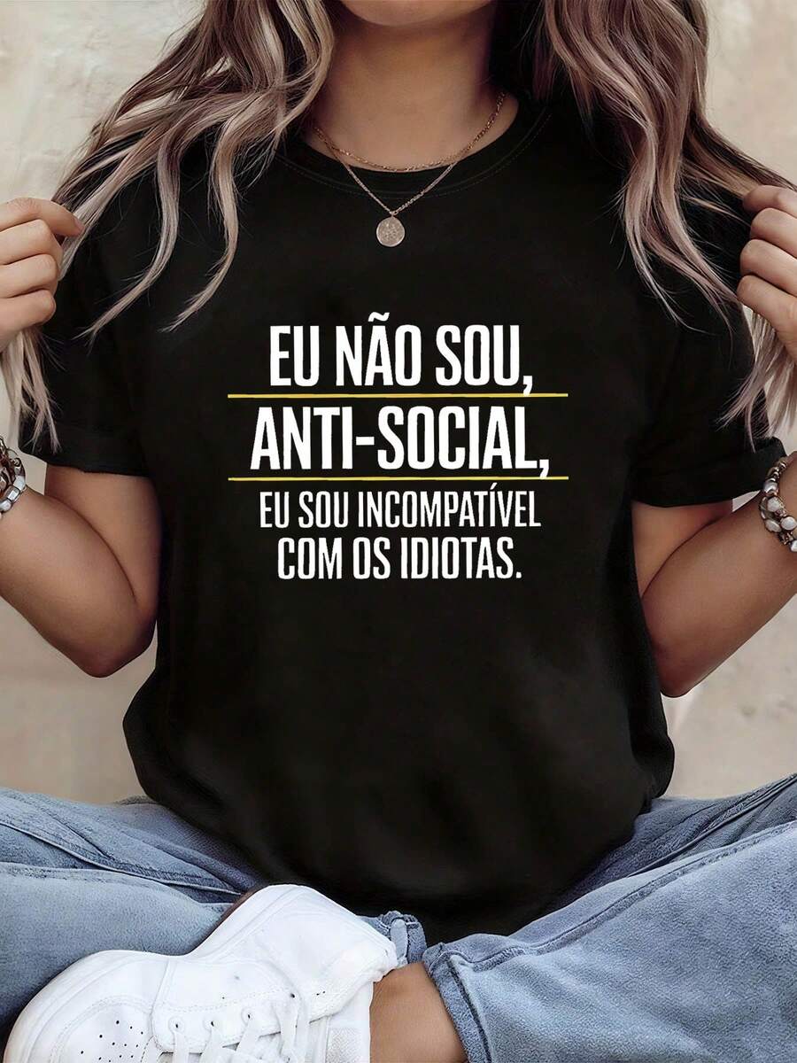 1 pieza de camiseta de mujer con estampado de letras portuguesas, top casual de manga corta y cuello redondo, ropa de mujer para primavera/verano, 180g 100% algodón. - Negro - Ver 1