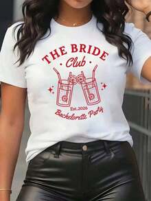 New Arrivals For Summer. The Bride Club Bachelorette Party Est Women's T-Shirt With Cocktail Glass Print, Round Neck, Casual Style For Everyday Wear, Soft And Comfortable, Ideal For Festivals. Blouse, Shirt > Beautiful. - 白色 - 查看 12
