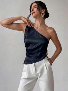 Blusa plisada elegante, romántica y de estilo sexy sin mangas, adecuada para fiestas, vacaciones y uso diario - Azul marino - Ver 4