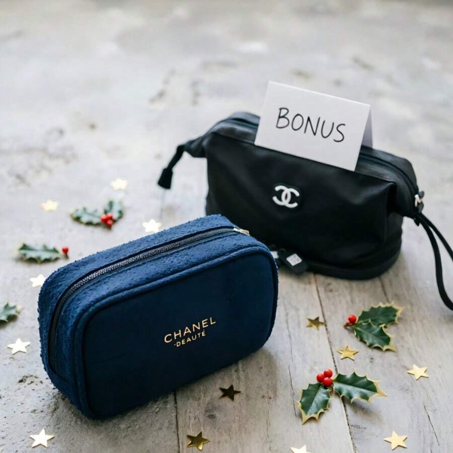 Chanel Christmas Holiday Navy Blue Tweed Rectangular Cosmetic Pouch + Bonus: Chanel Black Toiletry Bag - Xanh đậm - Xem 1