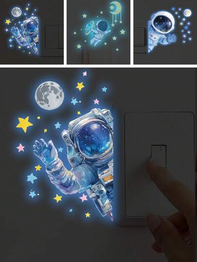 1张夜光墙贴，2D宇航员和星星图案，发光太空头盔艺术贴纸，适用于儿童男孩卧室、婴儿房或卧室装饰