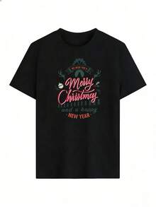 Christmas T-Shirt With "Merry Christmas" Text,  Short-Sleeved T-Shirt For Spring And Summer 2026, Made In Mexico, 180 Grams. Cartoon Print, Couple Design, Suitable For Indoor Or Outdoor Wear. Crew Neck, Unisex, Ideal For Office And Leisure. One-Pack. - BK-P631577SLNDXZGY561 - 查看 3