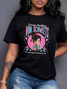 Colorful Figure With A Girl Framed By Hearts And Sweets That Conveys Fun Energy And A Confident Attitude. Modern Women's T-Shirt With A Positive Message, Ideal For Standing Out On Any Occasion. Casual Short Sleeve. - 黑色 - 查看 1